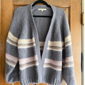 XiRENA Gray Open-Front Cardigan with Cream and Light Pink Stripes